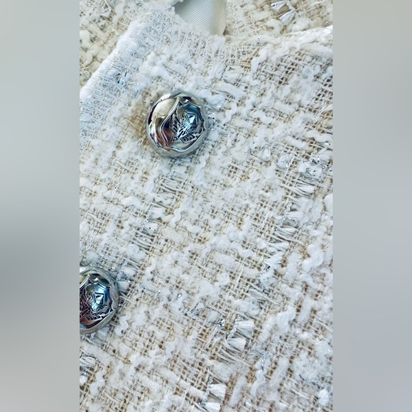 Zara Womens White Metallic Tweed High Neck Button Up Blazer Jacket Size S - Picture 3 of 3